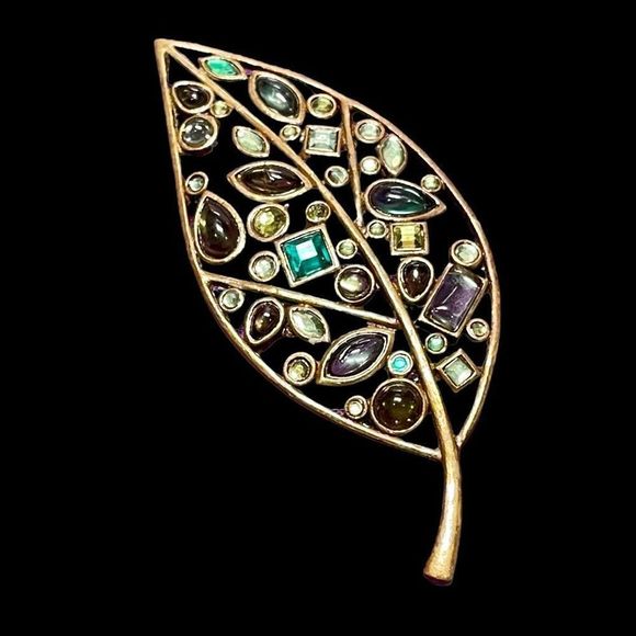 LARGE Multi Color Rhinestone Brass Color Leaf Brooch Pin 3” Fall Jewelry - Picture 2 of 8